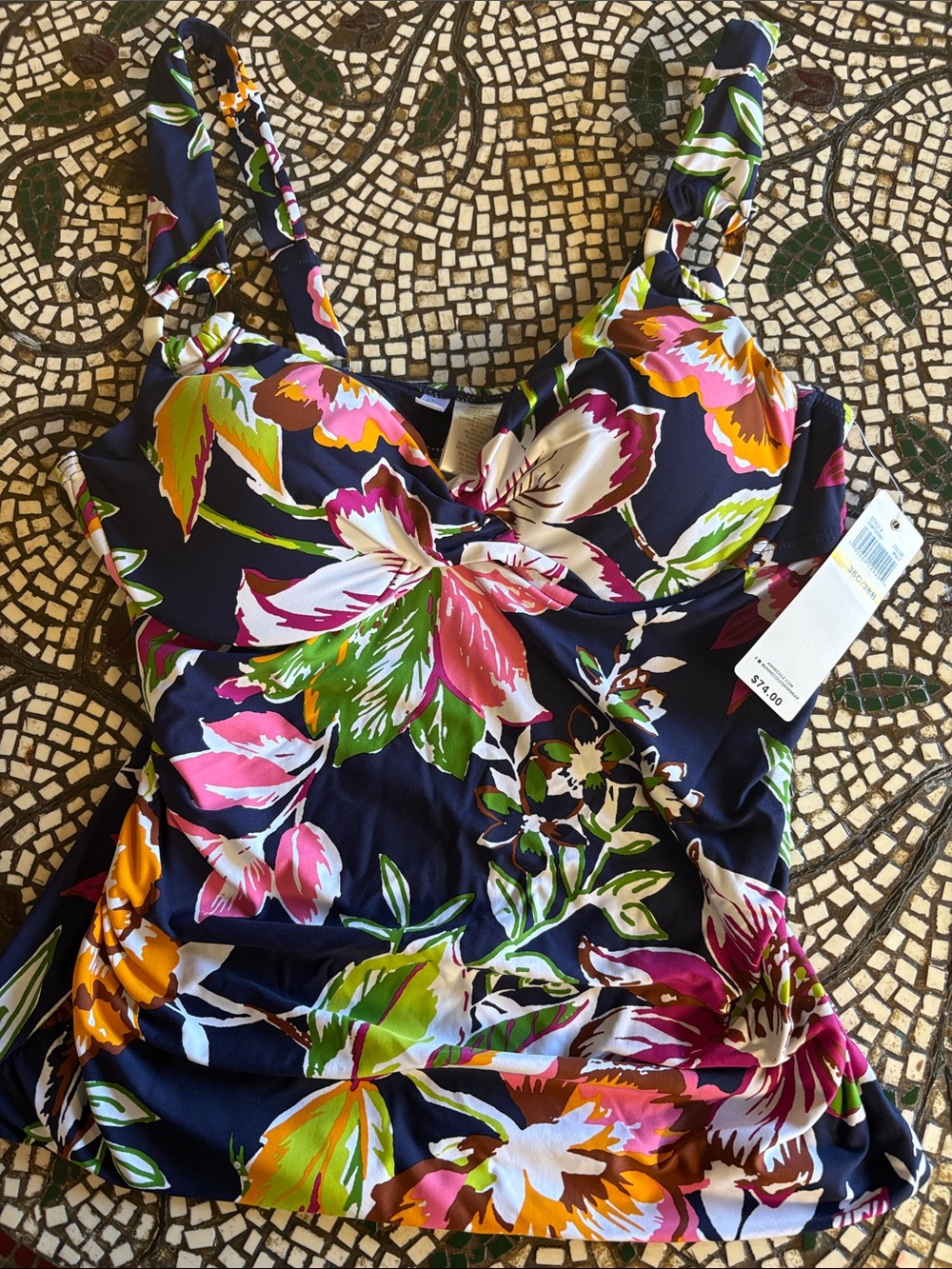 Anne Cole Navy Floral Twist-Front Swim Bodysuit with Pink, Green & Orange